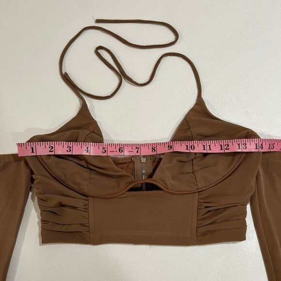 White Fox Brown Off Shoulder Corset Crop Top Size M Long Sleeve Bustier - Picture 4 of 7